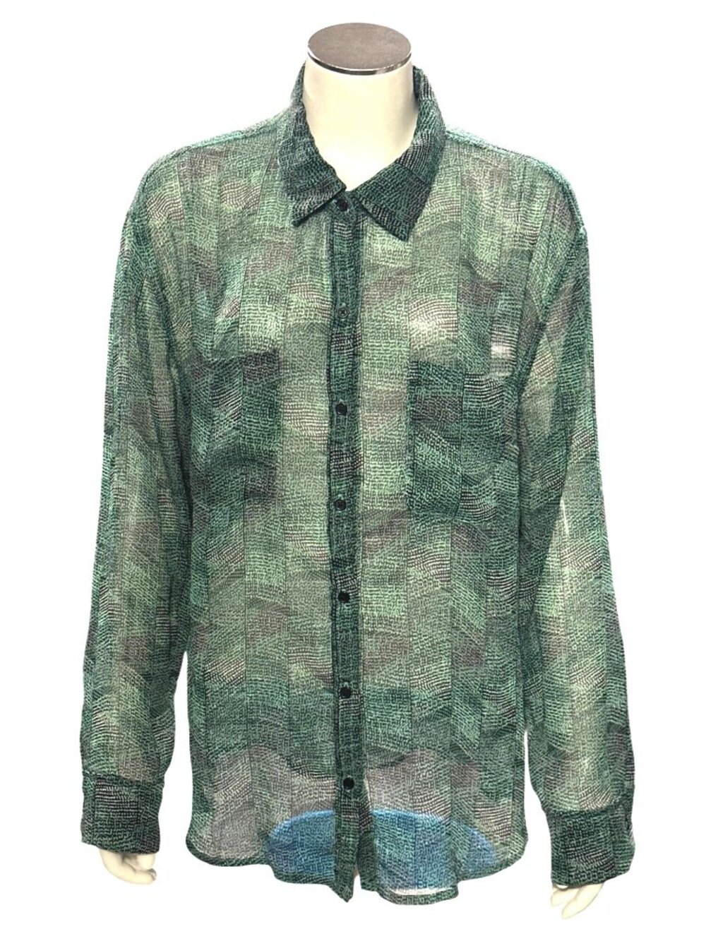 Mossimo Size M Green Black Sheer Button Up Shirt Loose Fit Lightweight City Chic - Picture 2 of 13